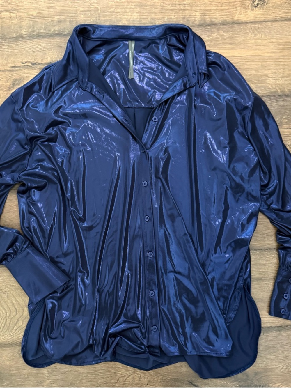 Anthropologie Shiny Navy Button-Down Blouse